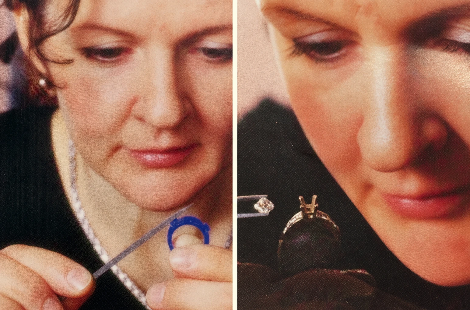 Two archival photographs of Marianne Lessard working on jewellery, presented as a nostalgic diptych