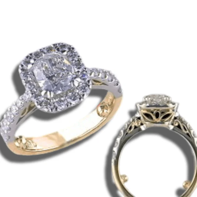 Two views of a diamond halo ring with a cushion-shaped outline, diamond shoulders and an open yellow-gold gallery.