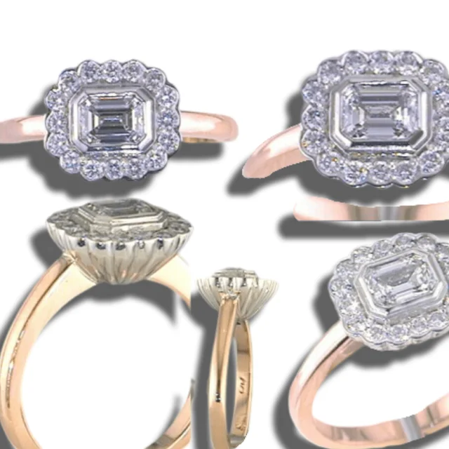 Multiple views of a square step-cut centre stone in a scalloped diamond halo on a slender rose-coloured band.