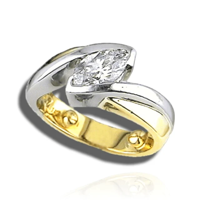 Marquise-centred ring with broad, curving two-tone shoulders that bypass one another around the diamond.