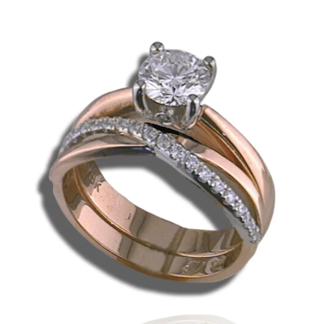 Round solitaire above sweeping rose-gold curves crossed by a contrasting row of small diamonds.