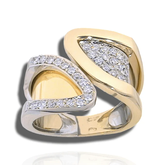 Open two-tone ring with opposing leaf-like forms, one framed in diamonds and the other filled with pavé.