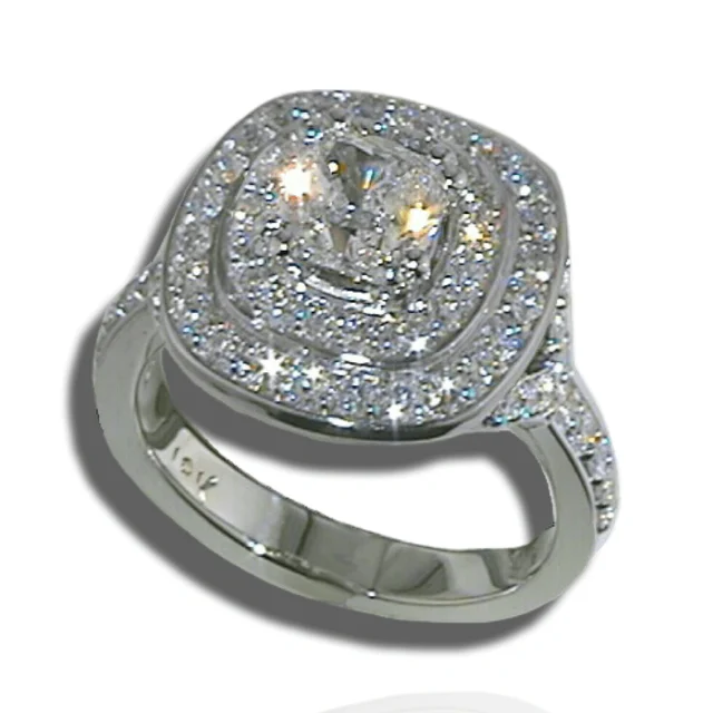 Centre stone framed by two rounded-square diamond halos, with further diamonds along the shoulders.