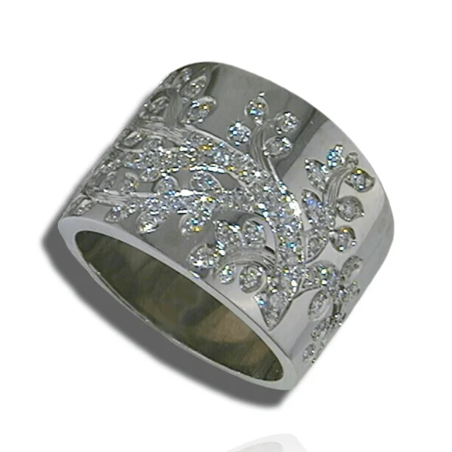 Wide polished band decorated with branching vines and diamond leaves.