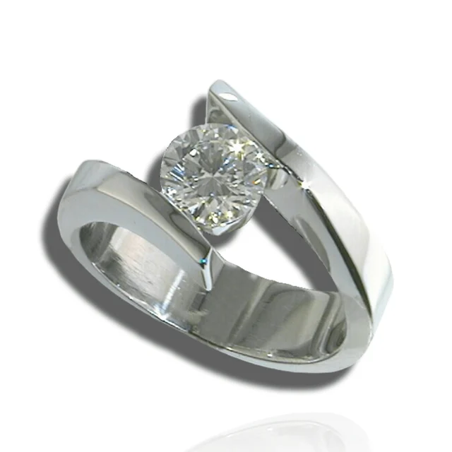 Round solitaire between opposing, angular polished shoulders on a broad band.