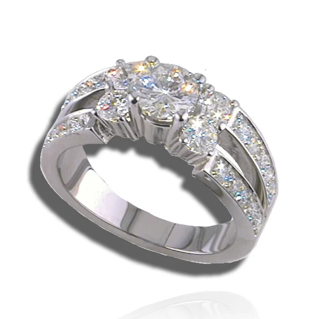 Three round stones above open, split shoulders edged with diamonds.